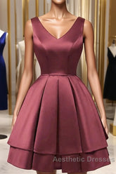 Wine Red Satin V-Neckline Short Party Dresses, Wine Red Homecoming Dresses